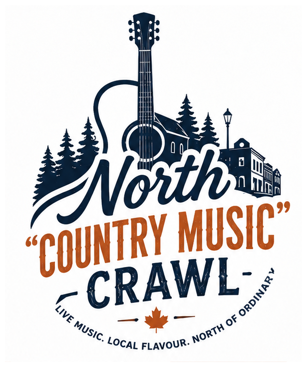 North Country Music Crawl logo featuring a guitar, pine trees, downtown Lindsay streetscape and maple leaf