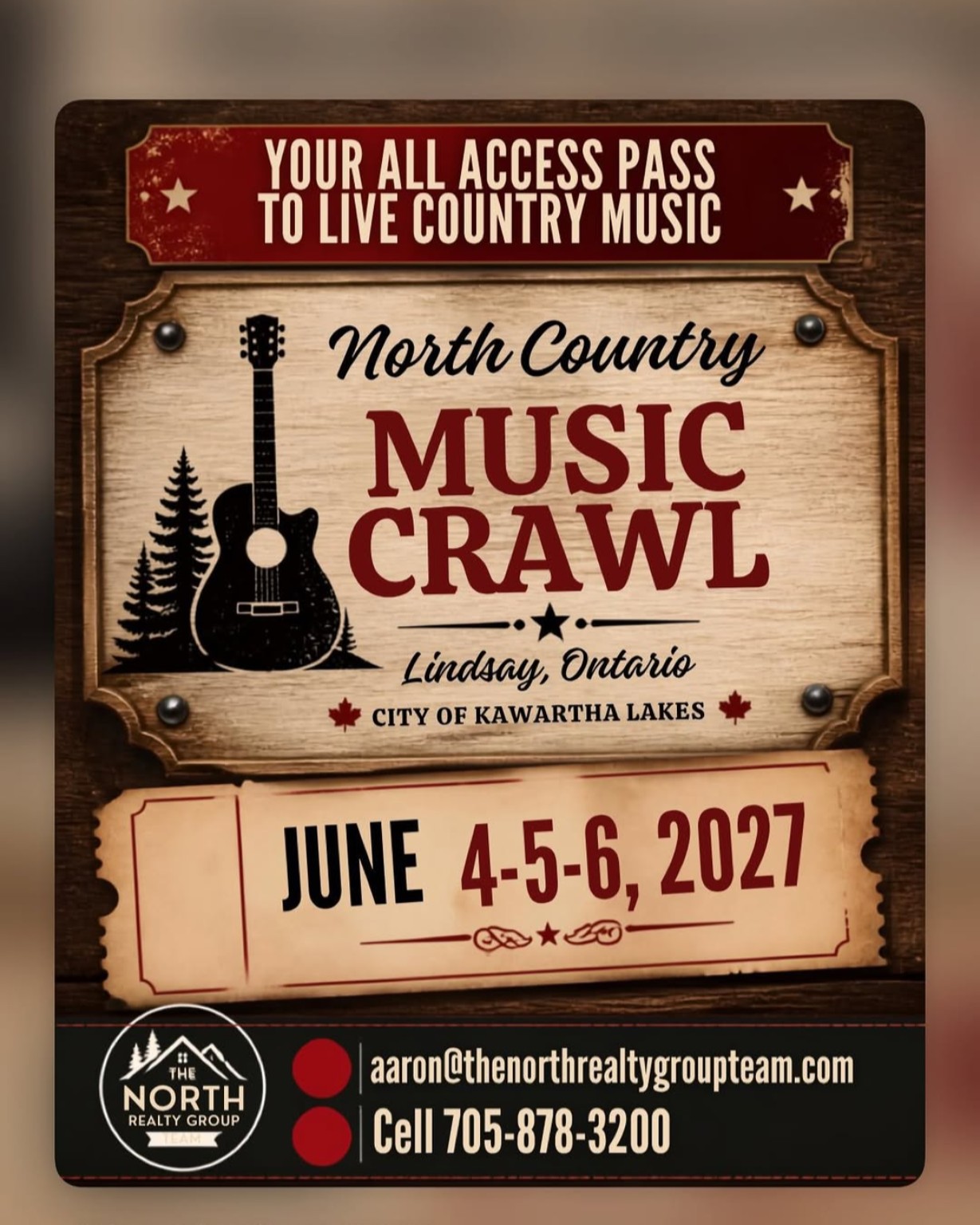 North Country Music Crawl save-the-date poster for June 4, 5 and 6, 2027 in Lindsay, Ontario